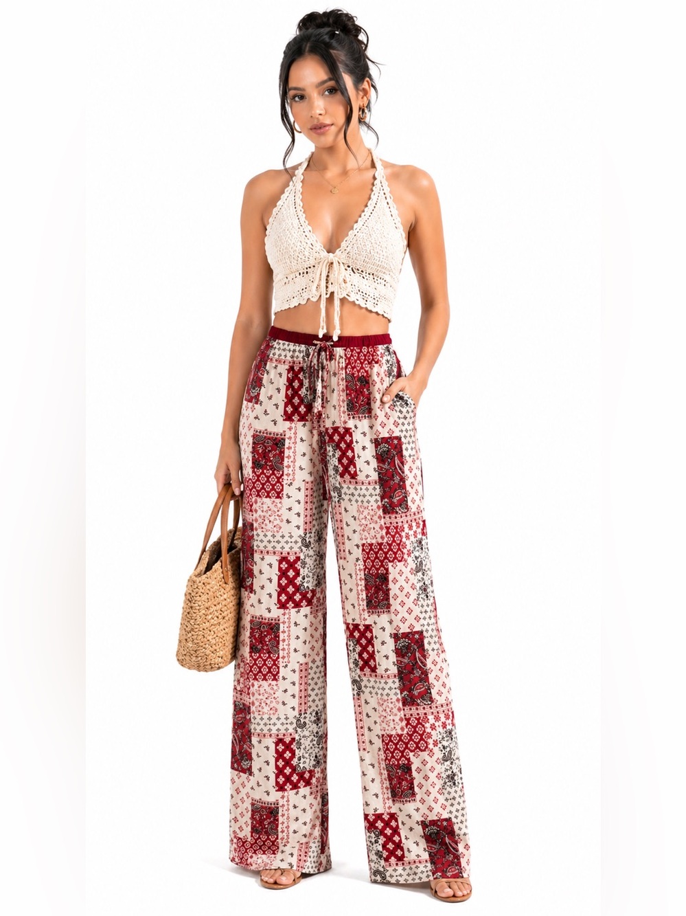 Boho Patchwork Wide-Leg Pants - Cream & Red